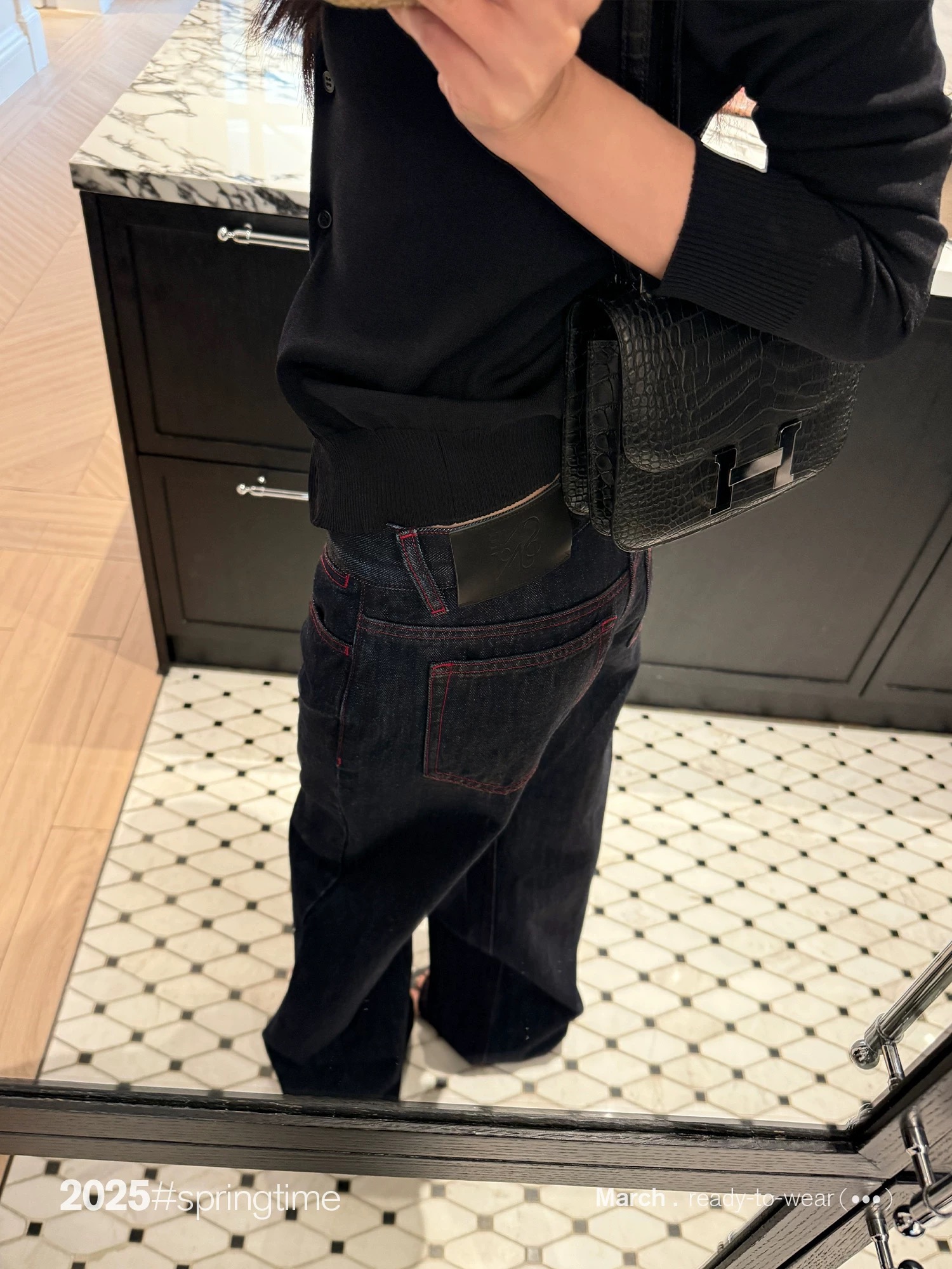 SUNONEONE 撞色丹寧原牛牛仔褲女秋直筒深色寬松松弛感水洗休閑褲