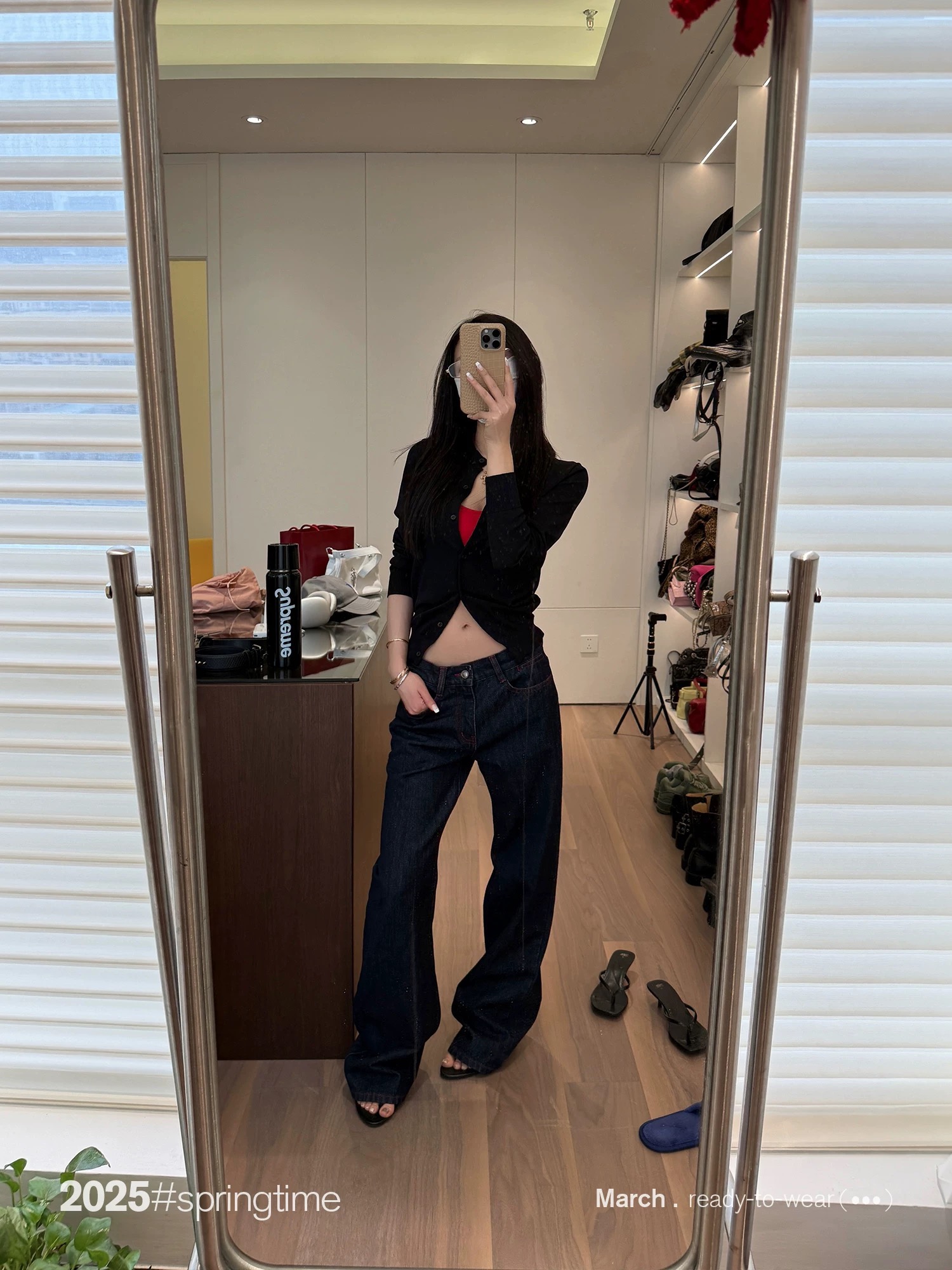 SUNONEONE 撞色丹寧原牛牛仔褲女秋直筒深色寬松松弛感水洗休閑褲