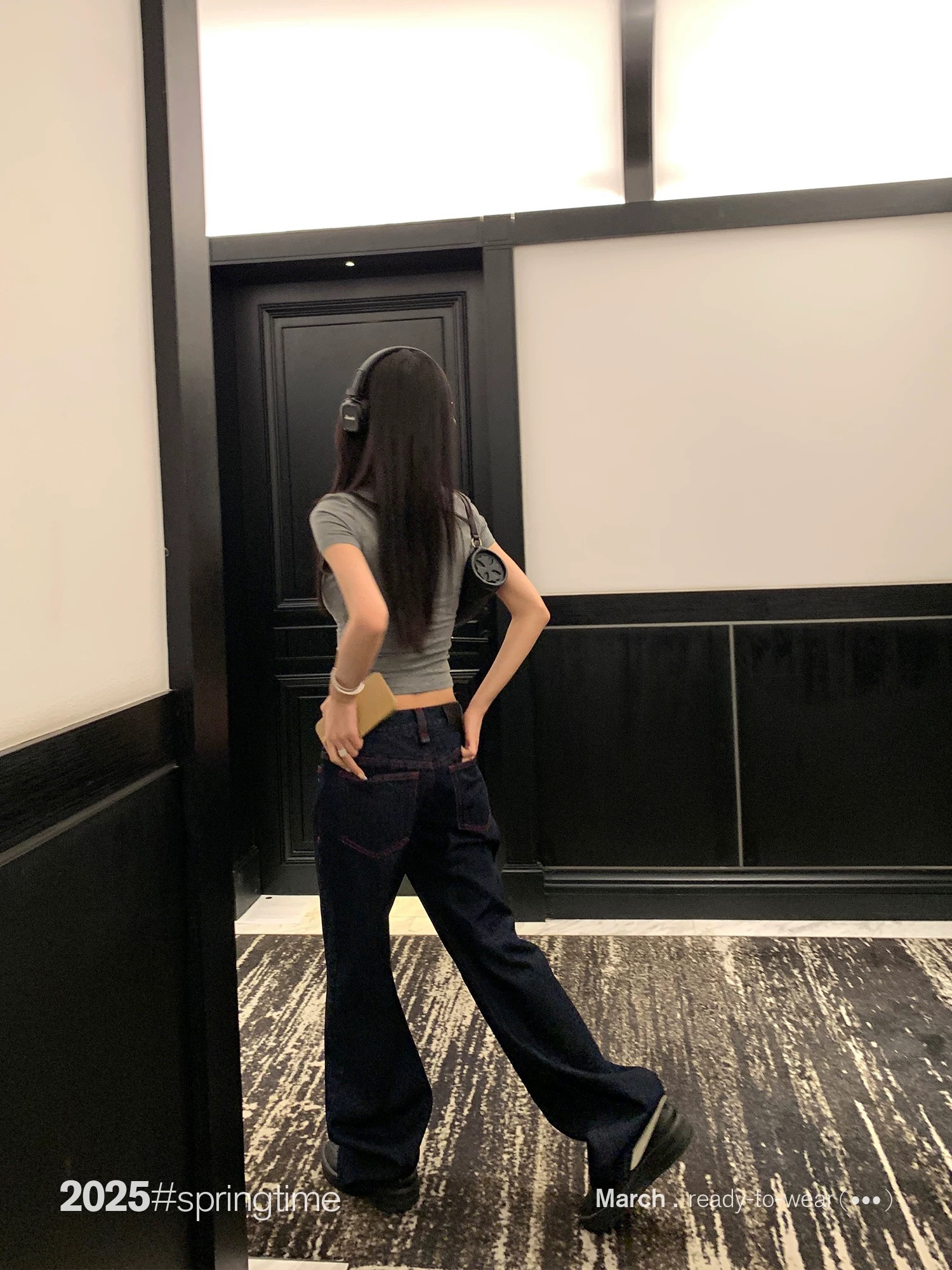 SUNONEONE 撞色丹寧原牛牛仔褲女秋直筒深色寬松松弛感水洗休閑褲