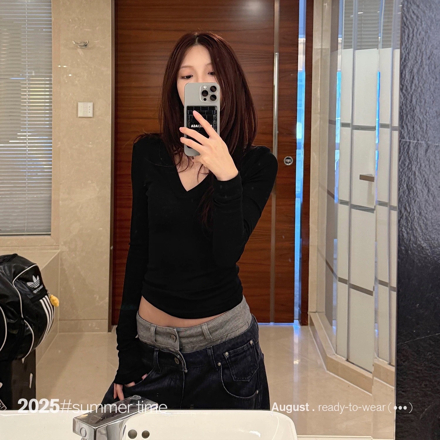 SUNONEONE 設計感拼接腰頭直筒牛仔褲女春季新款丹寧原色休閑褲子