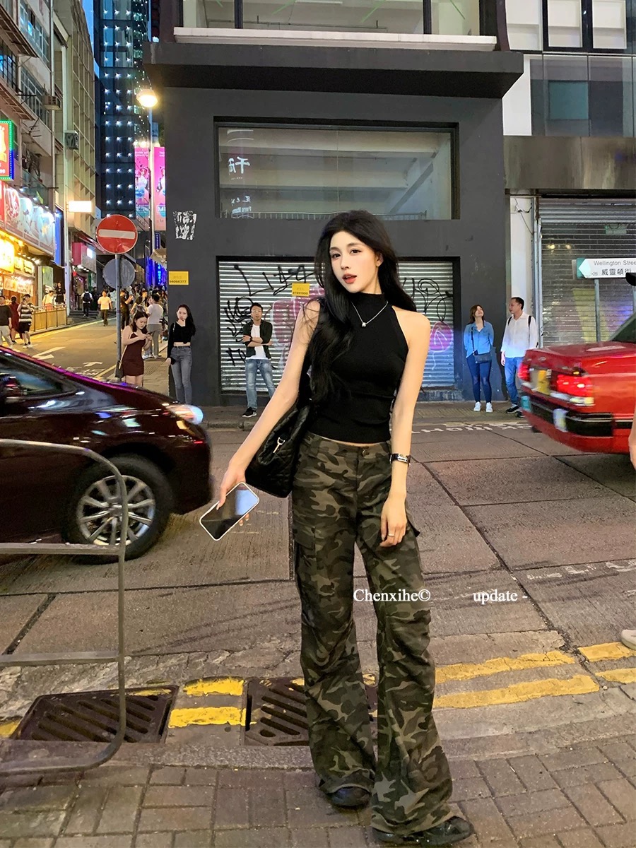 何晨曦 復古迷彩口袋裝飾闊腿工裝褲女美式辣妹高腰顯瘦休閑長褲