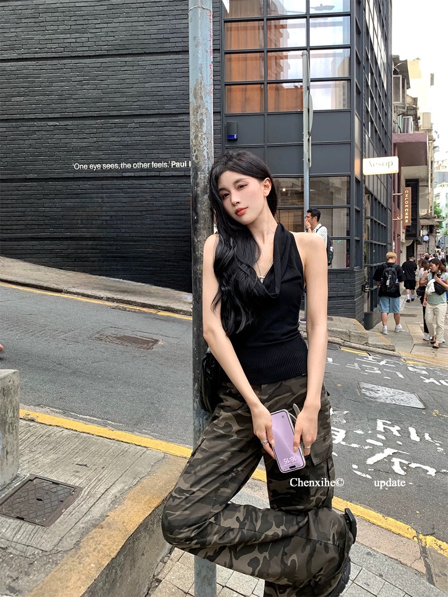 何晨曦 復古迷彩口袋裝飾闊腿工裝褲女美式辣妹高腰顯瘦休閑長褲