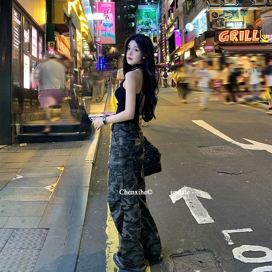 何晨曦 復古迷彩口袋裝飾闊腿工裝褲女美式辣妹高腰顯瘦休閑長褲