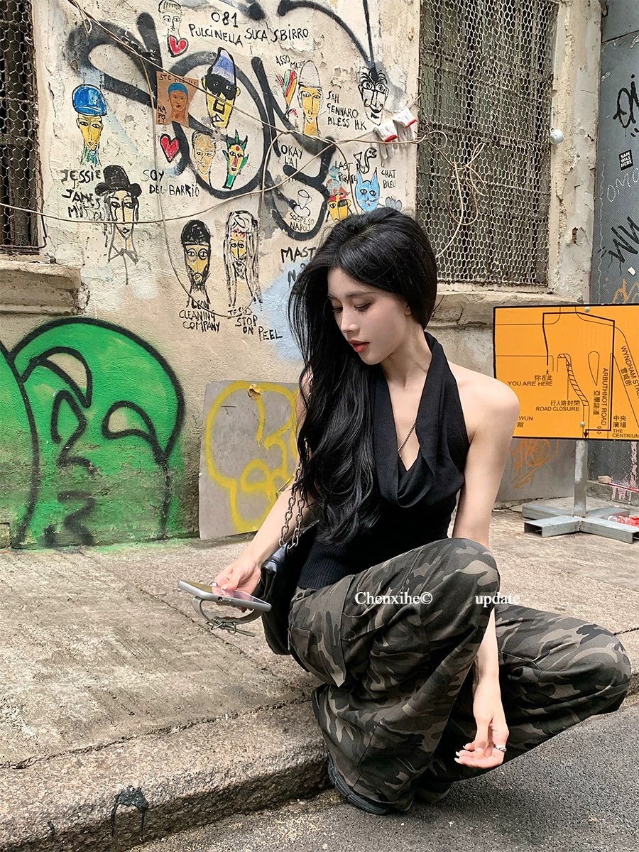 何晨曦 復古迷彩口袋裝飾闊腿工裝褲女美式辣妹高腰顯瘦休閑長褲