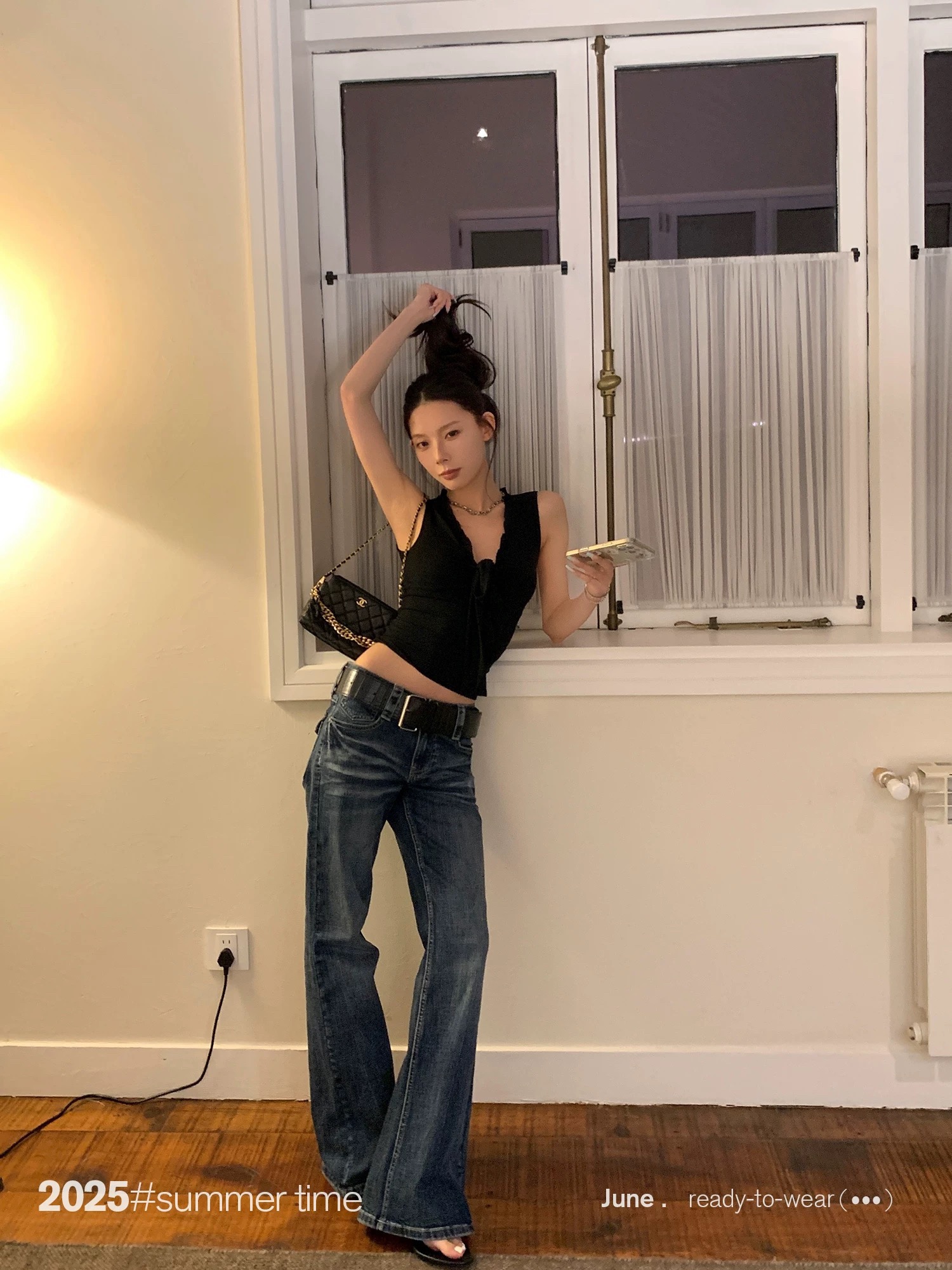 SUNONEONE 貓須磨白修身微喇牛仔褲女秋新款美式復古休閑低腰褲子