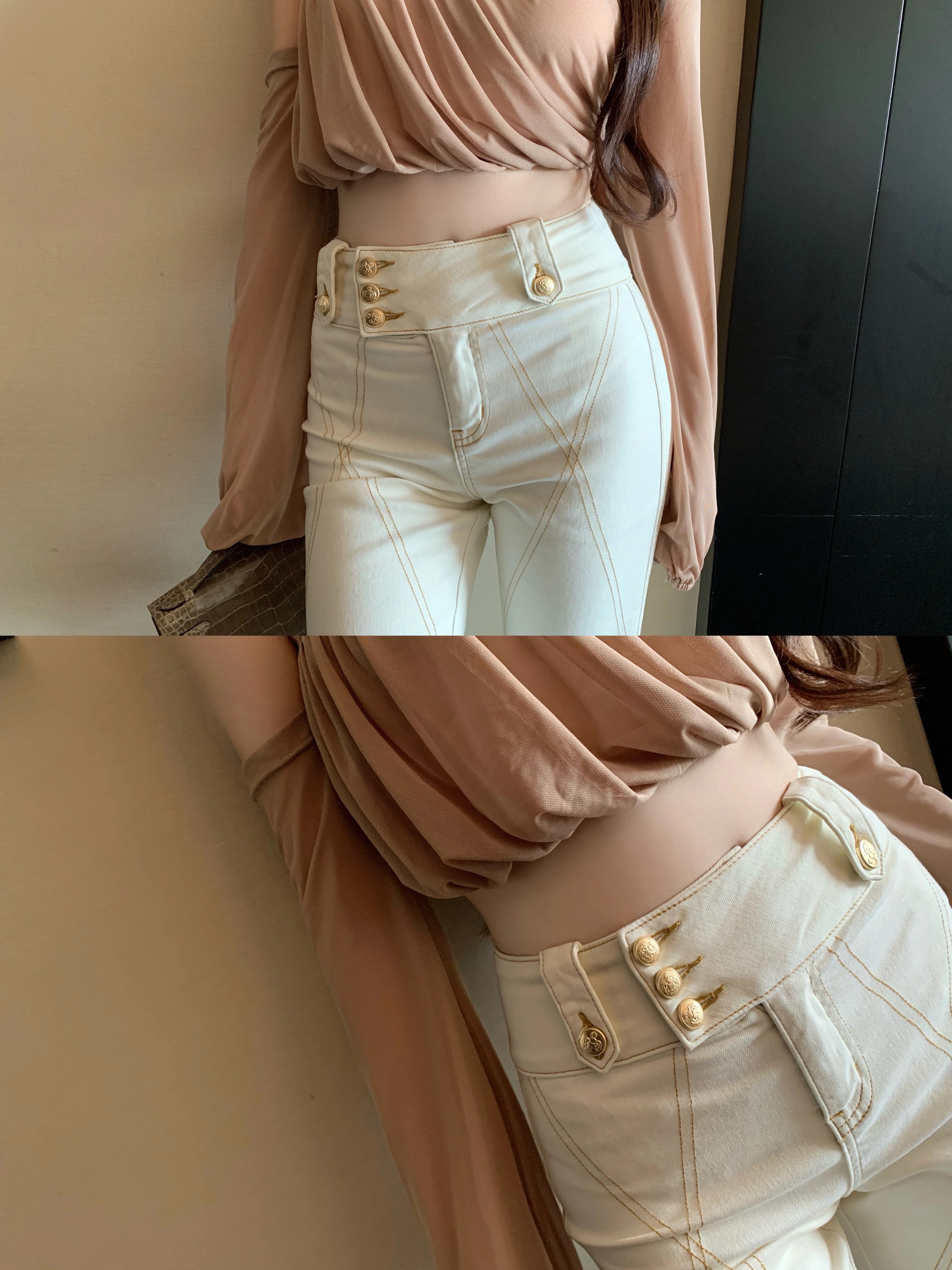 CHICYOU 自留 金扣明線彈力褲緊身休閑喇叭牛仔褲女