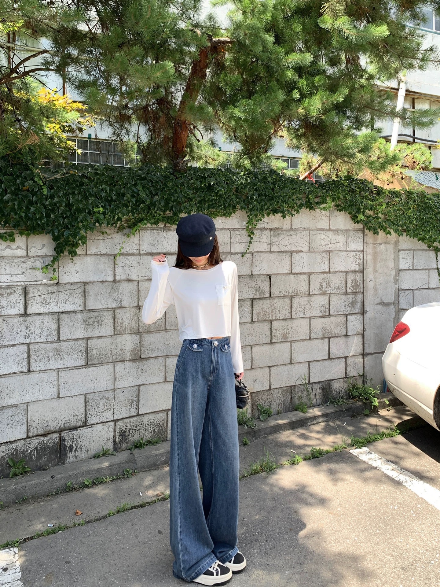大瓶定制 miu系珍珠扣 拯救腿型寬松闊腿牛仔褲女高腰百搭直筒褲