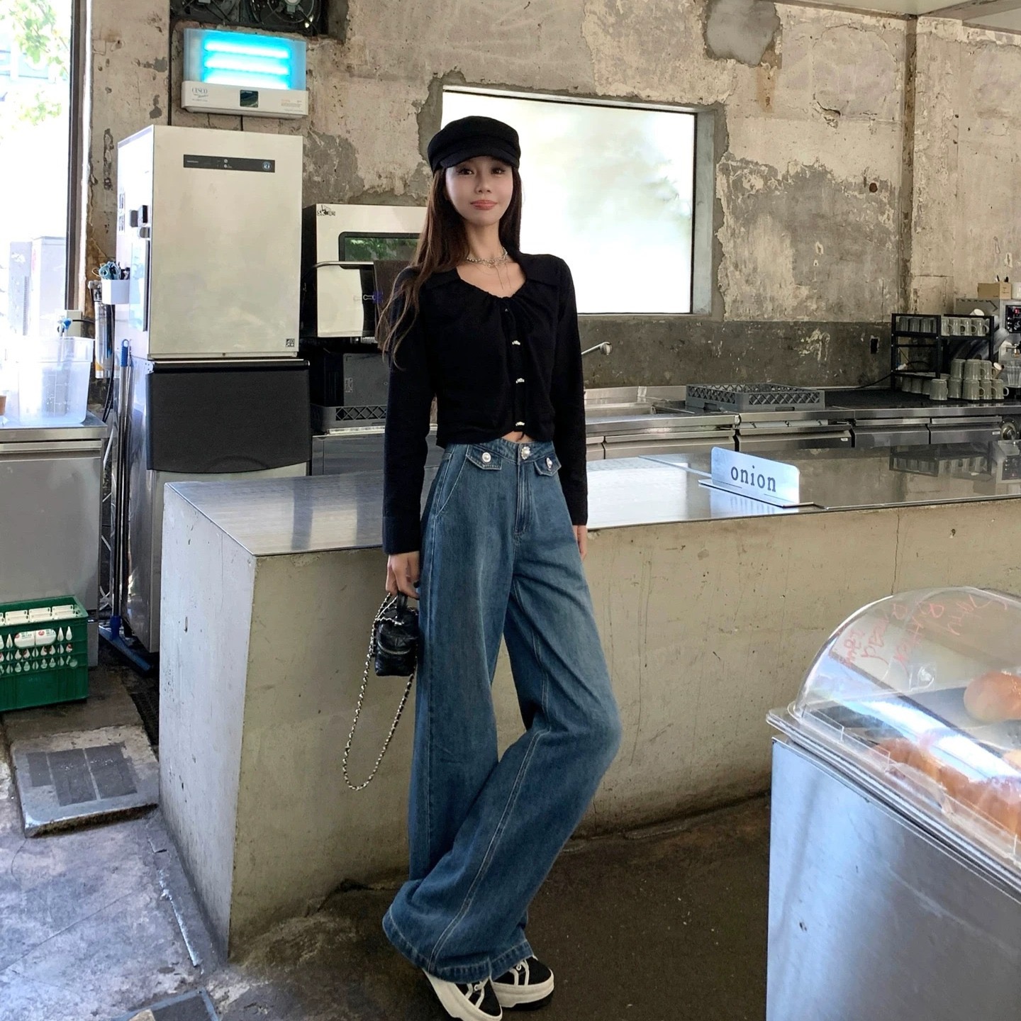 大瓶定制 miu系珍珠扣 拯救腿型寬松闊腿牛仔褲女高腰百搭直筒褲