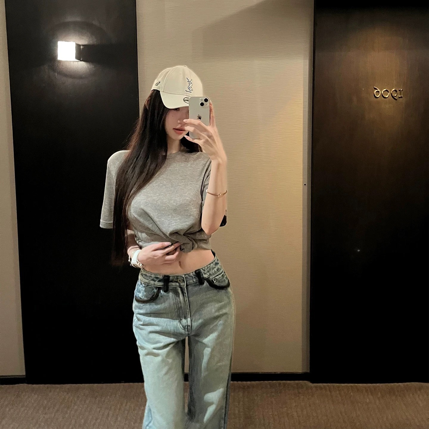 早安樊樊m1u系拼皮牛仔水洗藍顯瘦直筒牛仔褲女春夏百搭長褲子