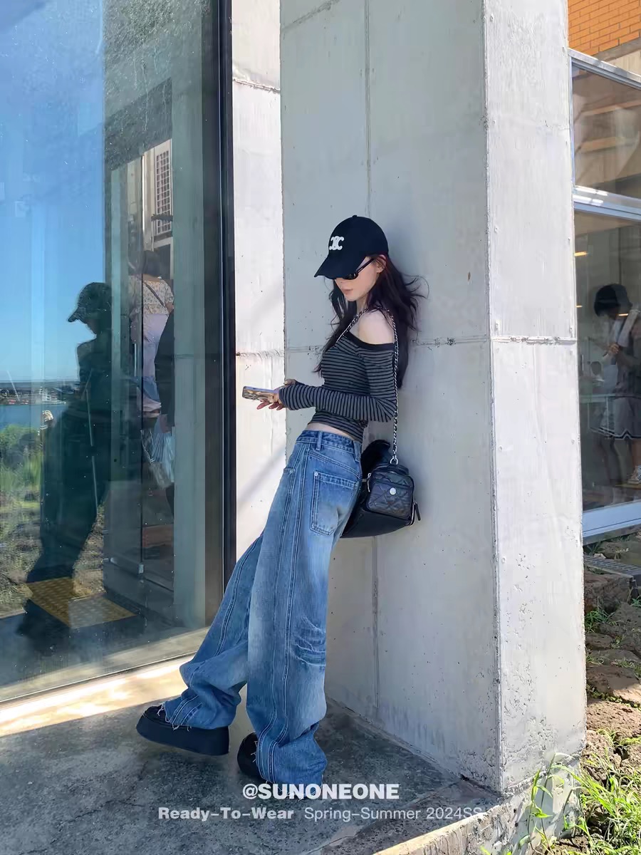 SUNONEONE 立體邊復古水洗牛仔褲女美式闊腿低腰寬松休閑長褲