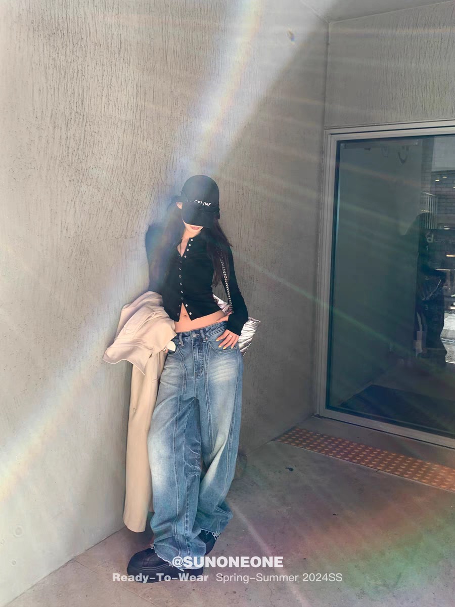 SUNONEONE 立體邊復古水洗牛仔褲女美式闊腿低腰寬松休閑長褲