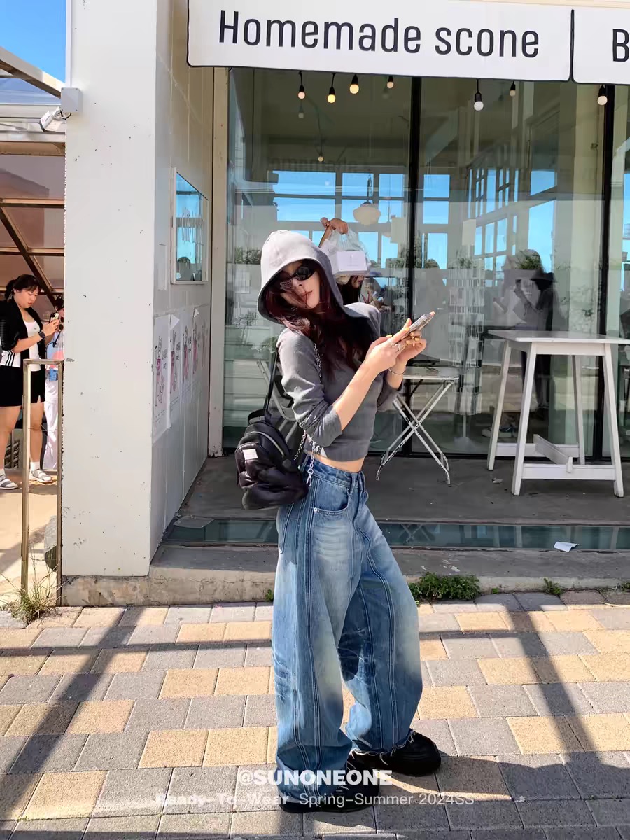 SUNONEONE 立體邊復古水洗牛仔褲女美式闊腿低腰寬松休閑長褲