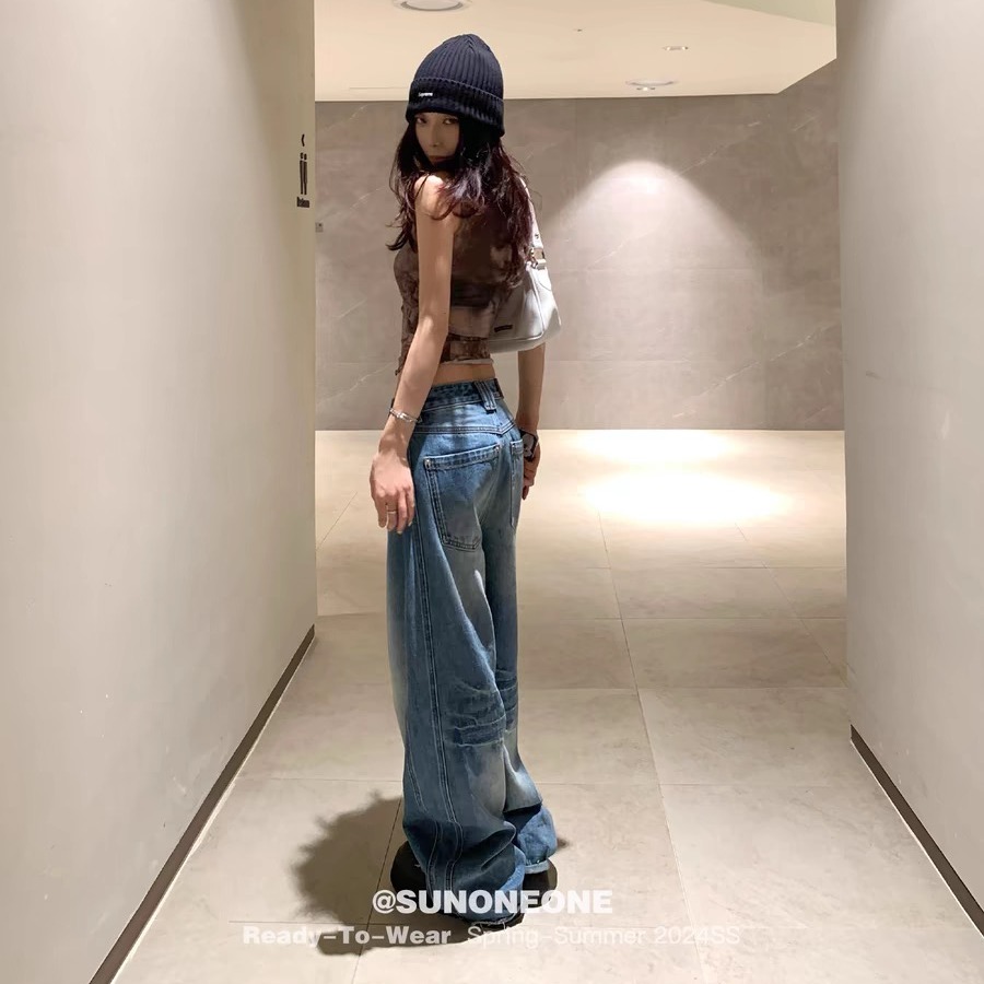 SUNONEONE 立體邊復古水洗牛仔褲女美式闊腿低腰寬松休閑長褲
