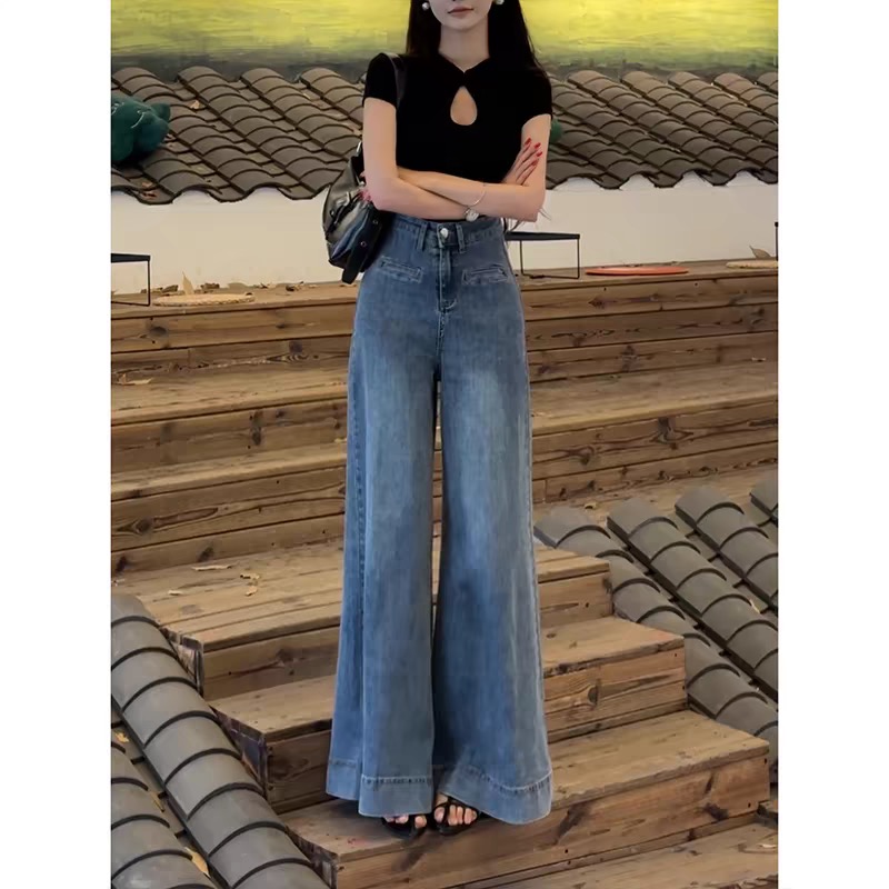 藍色闊腿牛仔褲女2026春夏季高腰顯瘦百搭垂感牛仔褲子