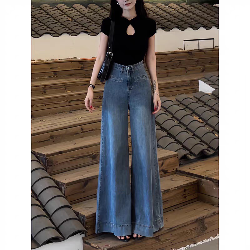 藍色闊腿牛仔褲女2026春夏季高腰顯瘦百搭垂感牛仔褲子