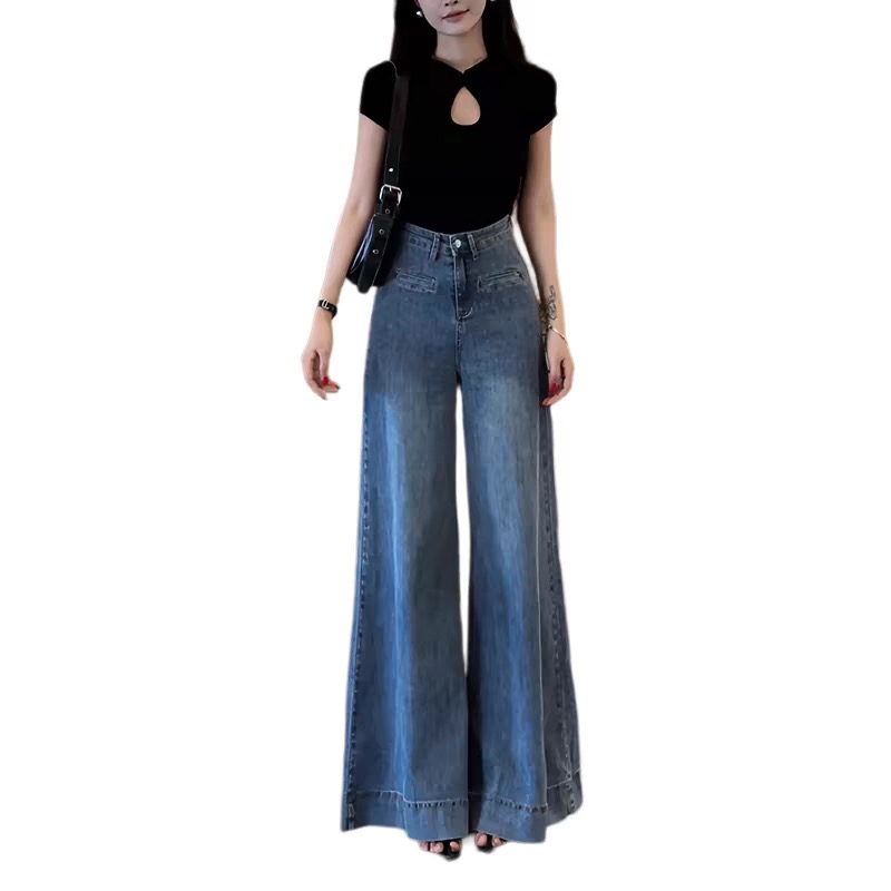 藍色闊腿牛仔褲女2026春夏季高腰顯瘦百搭垂感牛仔褲子
