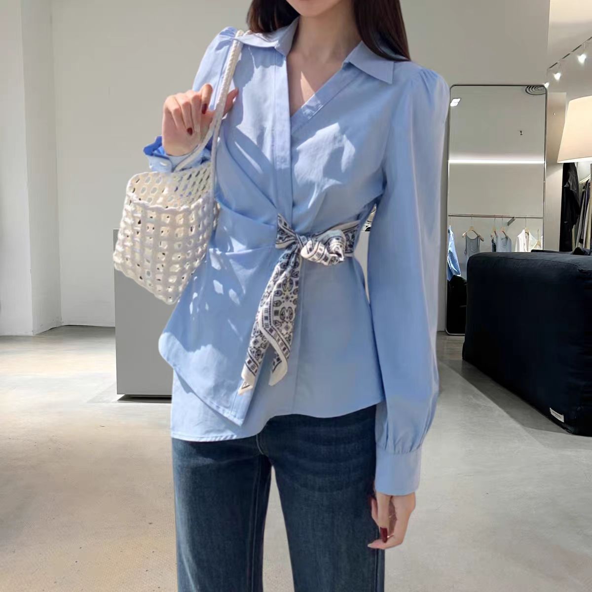 RY863# 2026春季新款设计感绑带收腰不规则白色衬衫女简约高级感长袖...