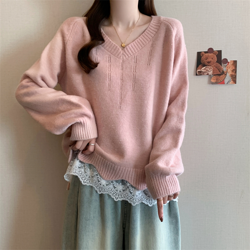 MY14470# 大码女装蕾丝拼接V领毛衣新款宽松胖mm软糥洋气上衣女裝貨源服裝批發