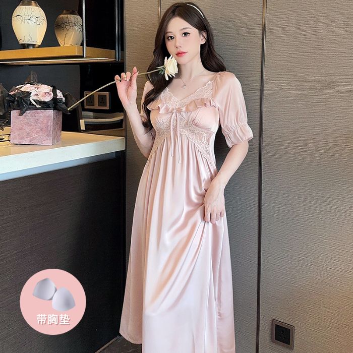 MY12063# 夏季短袖带胸垫睡裙女士蕾丝花边V领冰丝薄款睡衣中长款女裝...