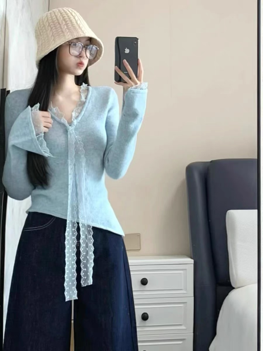 MY14303# 韩系穿搭蓝色蕾丝V领长袖针织衫女小个子独特超好看飘带上衣女裝貨源服裝批發