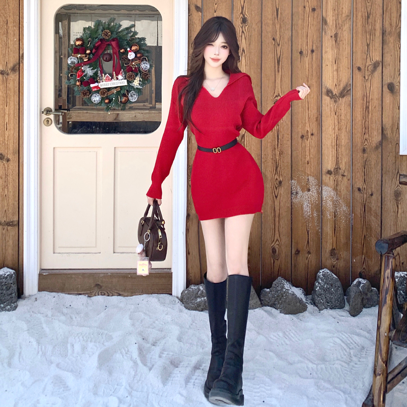 MY16703# 法式千金风红色V领针织连衣裙新款长袖显瘦包臀毛衣短裙女裝...