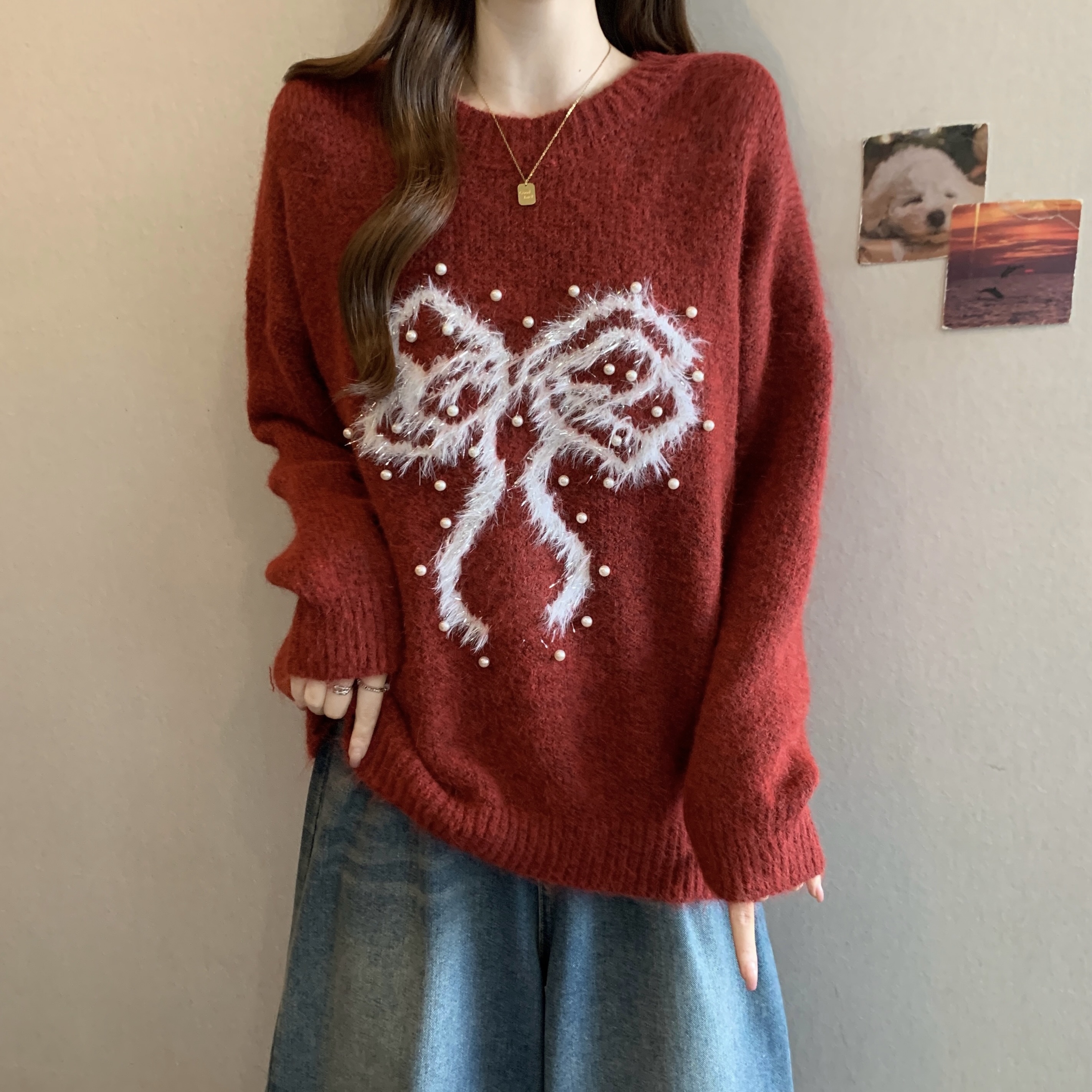 MY16000# 大码圣诞新年红色韩版重工钉珠休闲毛衣胖妹妹慵懒针织上衣女...