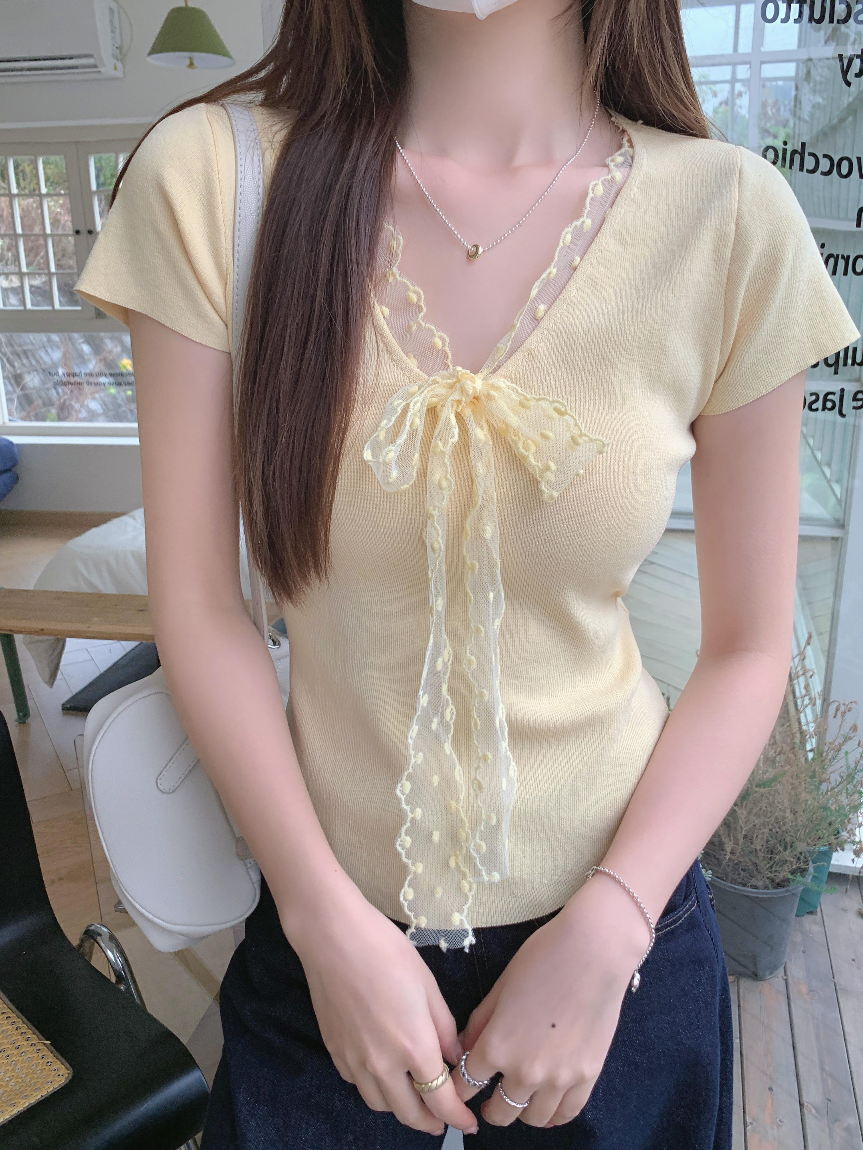 MY7858# 蝴蝶结系带短袖T恤上衣夏季新款设计感蕾丝拼接冰丝针织小衫女裝貨源服裝批發