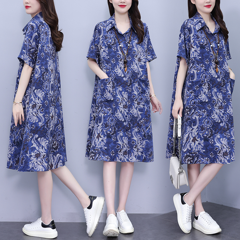 MY10442# 夏季休闲宽松型大码女装连衣裙印花衬衣中长款连衣裙女裝貨源服裝批發
