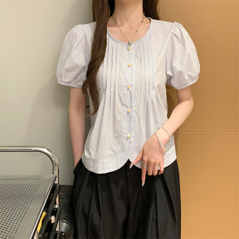 MY11200# 百搭减龄甜美泡泡短袖衬衫女夏季小个子宽松显瘦圆领上衣女裝...