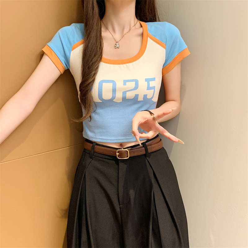 FA33008# ◆撞色短袖t恤新款夏季独特多巴胺高腰露脐短款上衣 服裝批發女裝批發服飾貨源
