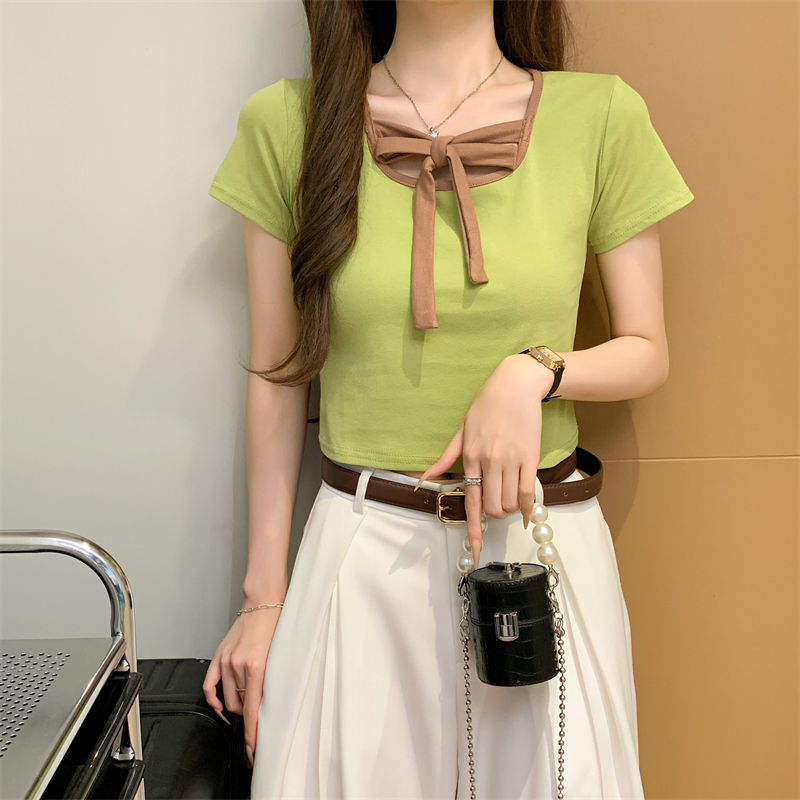 FA33007# ◆设计感洋气炸街女装辣妹纯欲风挂脖短袖t恤系带上衣 服裝批發女裝批發服飾貨源