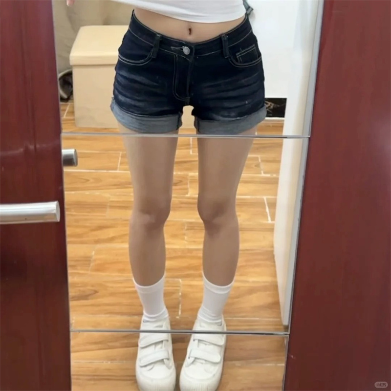 小個子辣妹高腰顯瘦牛仔超短褲女夏季新款深藍色設計感卷邊熱褲子