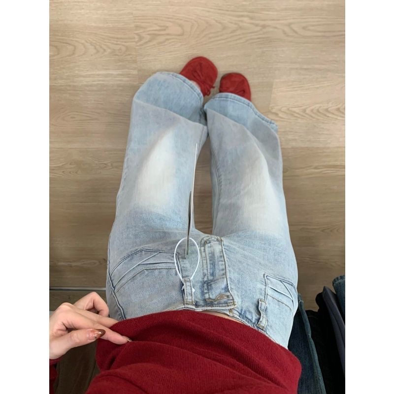 小個子淺藍色復古水洗不貼腿微喇牛仔褲女高腰彈力喇叭拖地褲