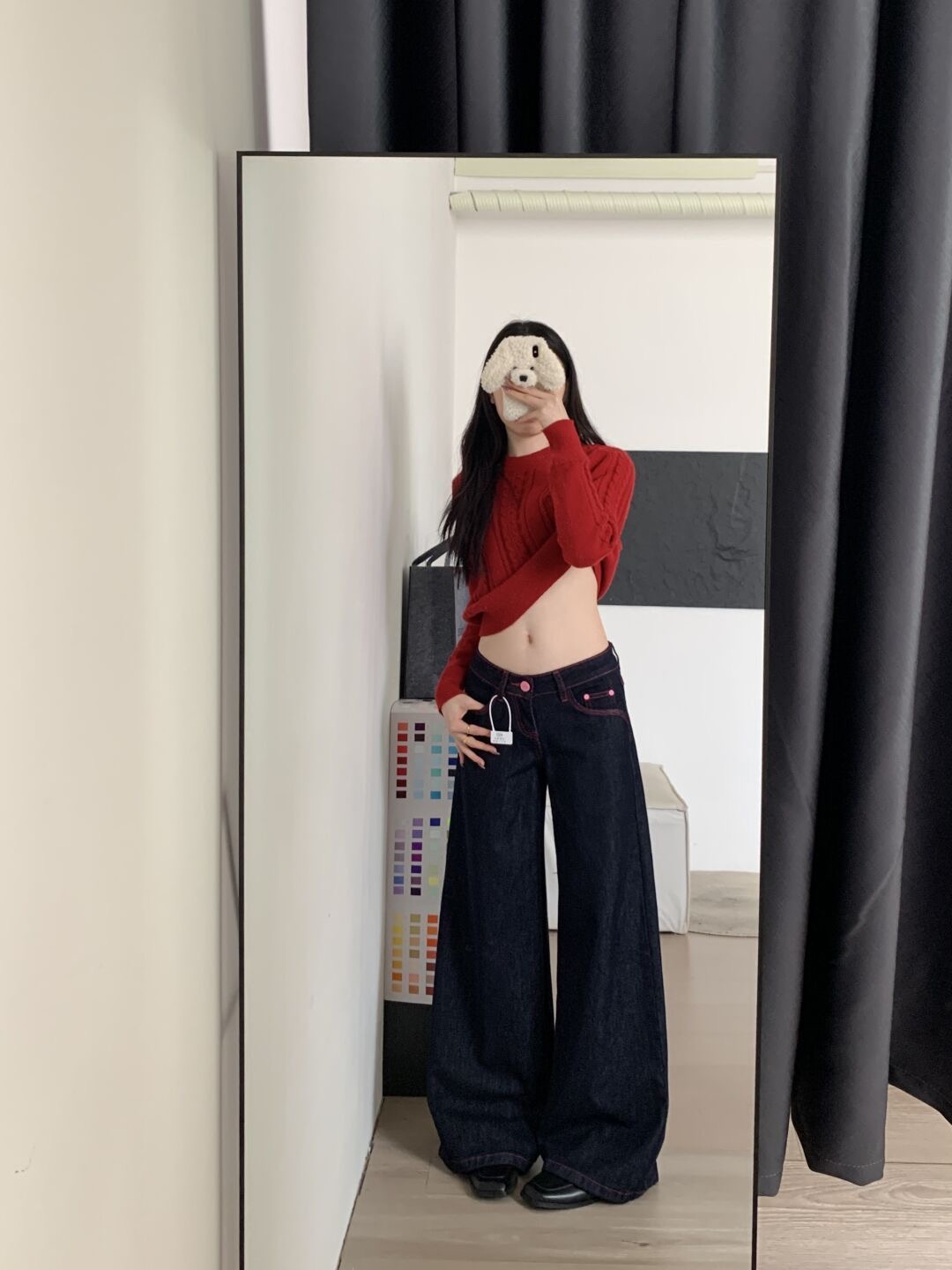 小個子美式辣妹撞色低腰闊腿牛仔褲女直筒寬松顯瘦垂感拖地褲子
