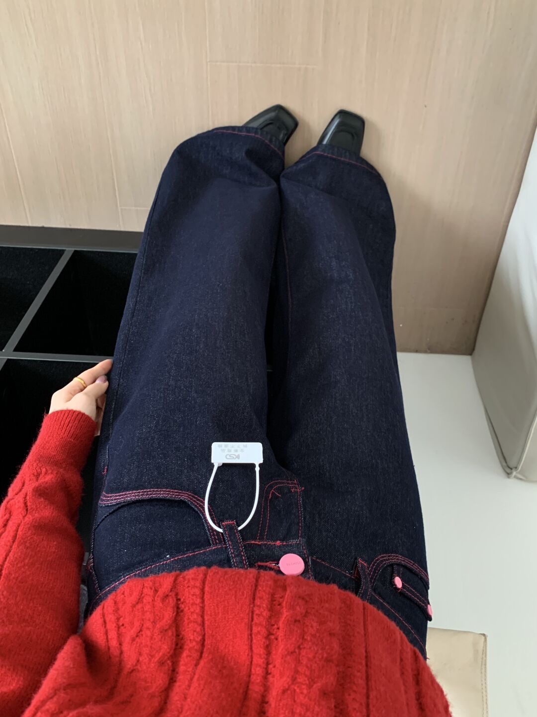 小個子美式辣妹撞色低腰闊腿牛仔褲女直筒寬松顯瘦垂感拖地褲子