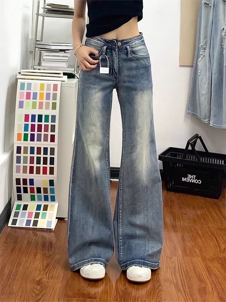 小個子低腰美式微喇牛仔褲女新款修身顯瘦馬蹄拖地長褲