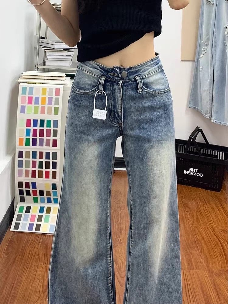 小個子低腰美式微喇牛仔褲女新款修身顯瘦馬蹄拖地長褲