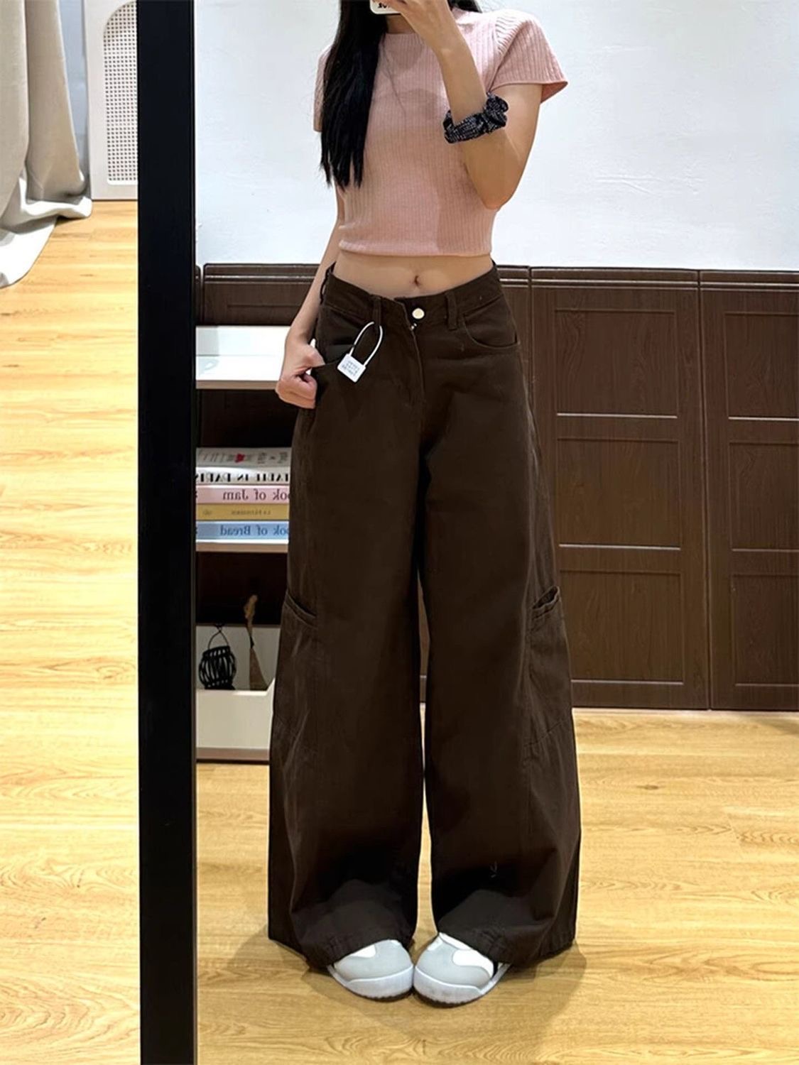 小個子咖色褲子工裝牛仔褲女夏季新款高腰寬松不貼腿休閑褲