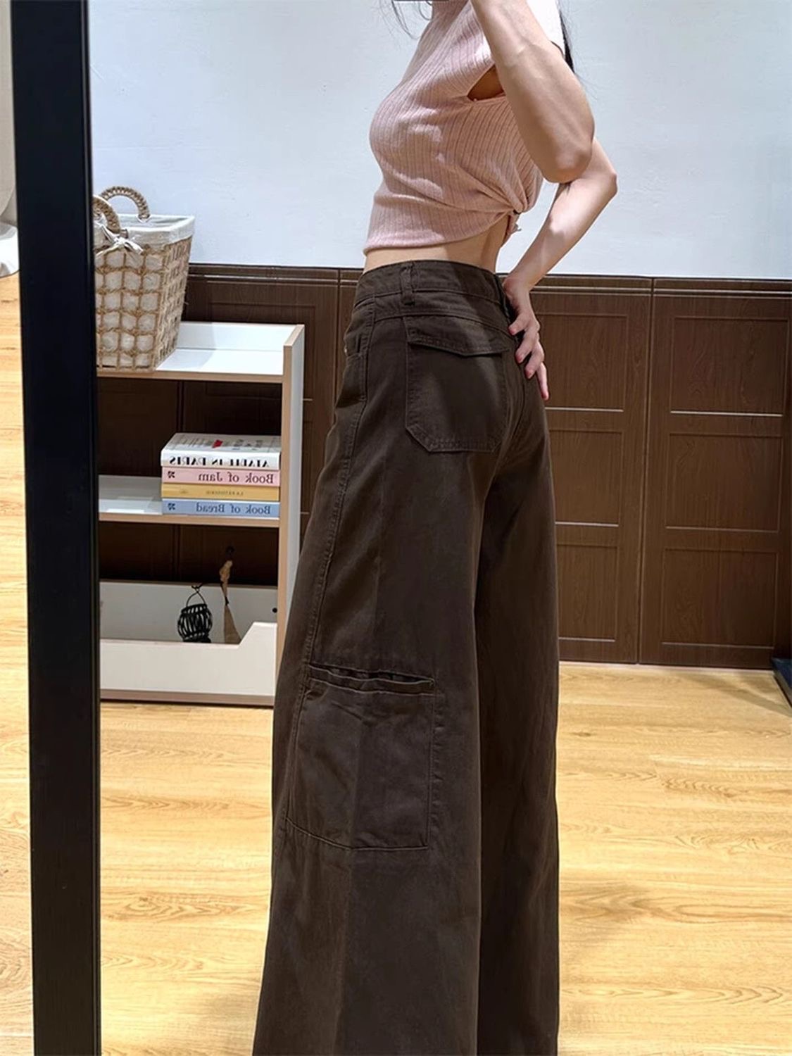 小個子咖色褲子工裝牛仔褲女夏季新款高腰寬松不貼腿休閑褲