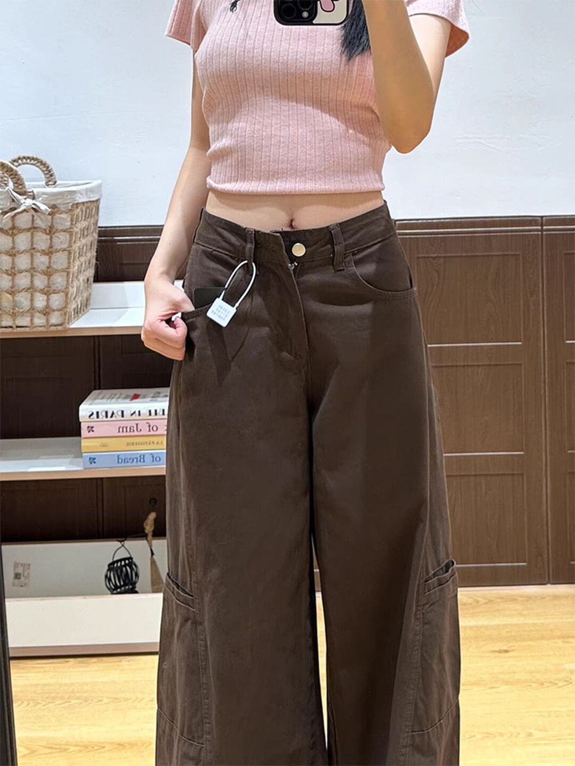小個子咖色褲子工裝牛仔褲女夏季新款高腰寬松不貼腿休閑褲