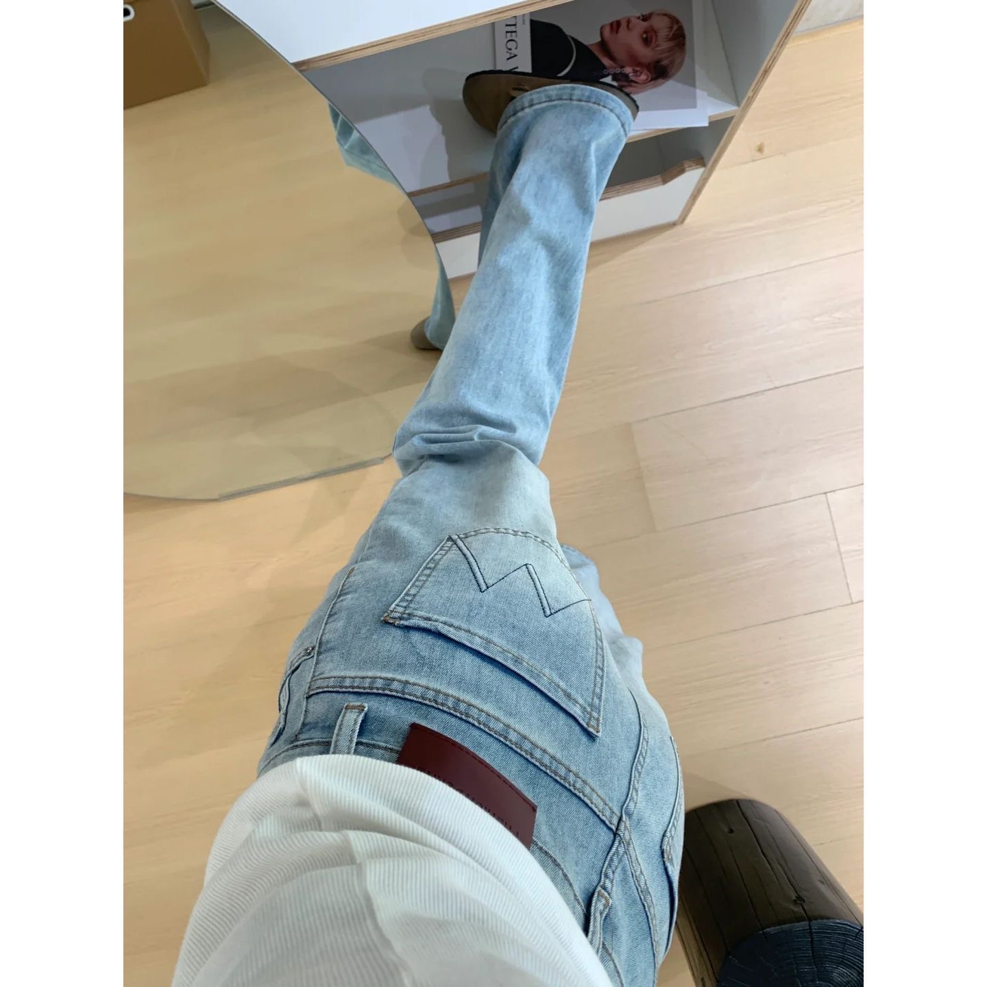 小個子淺藍色微喇牛仔褲女夏季高腰寬松顯瘦拖地喇叭褲