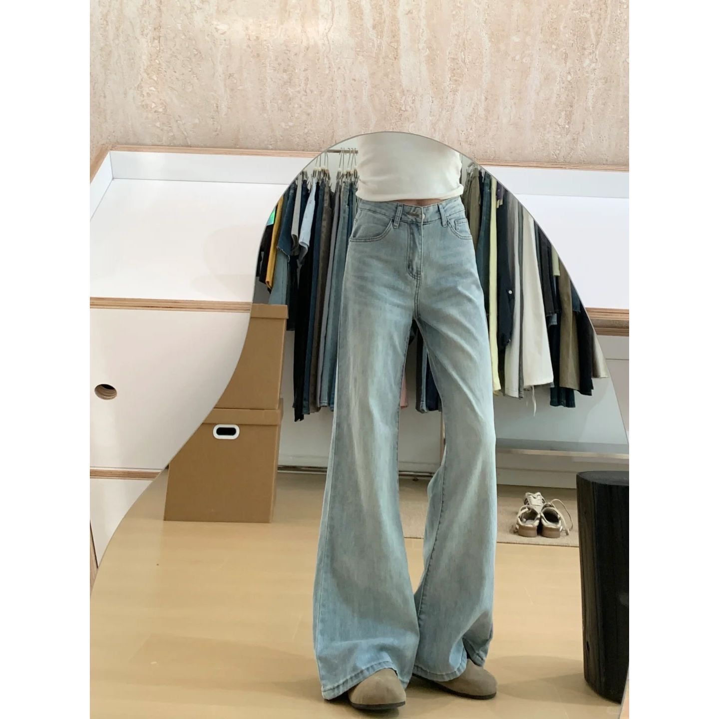 小個子淺藍色微喇牛仔褲女夏季高腰寬松顯瘦拖地喇叭褲