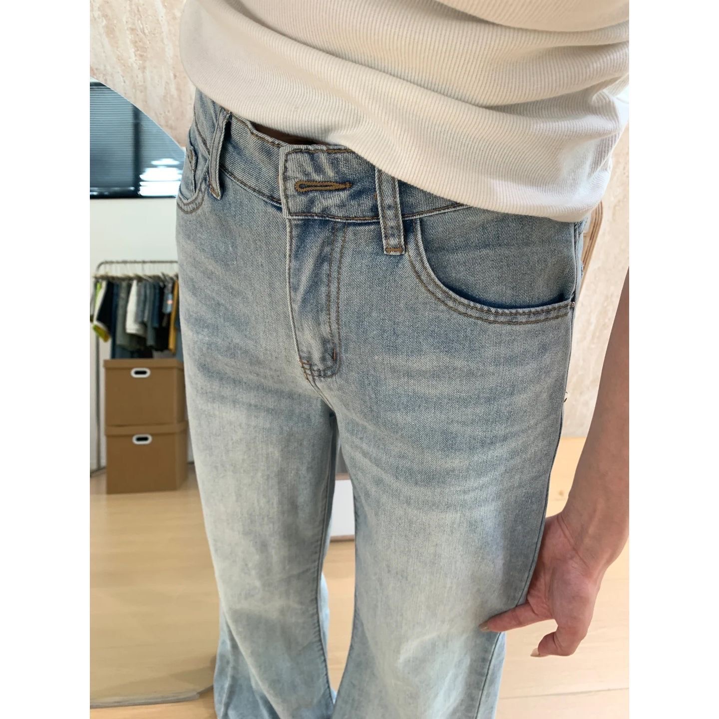 小個子淺藍色微喇牛仔褲女夏季高腰寬松顯瘦拖地喇叭褲