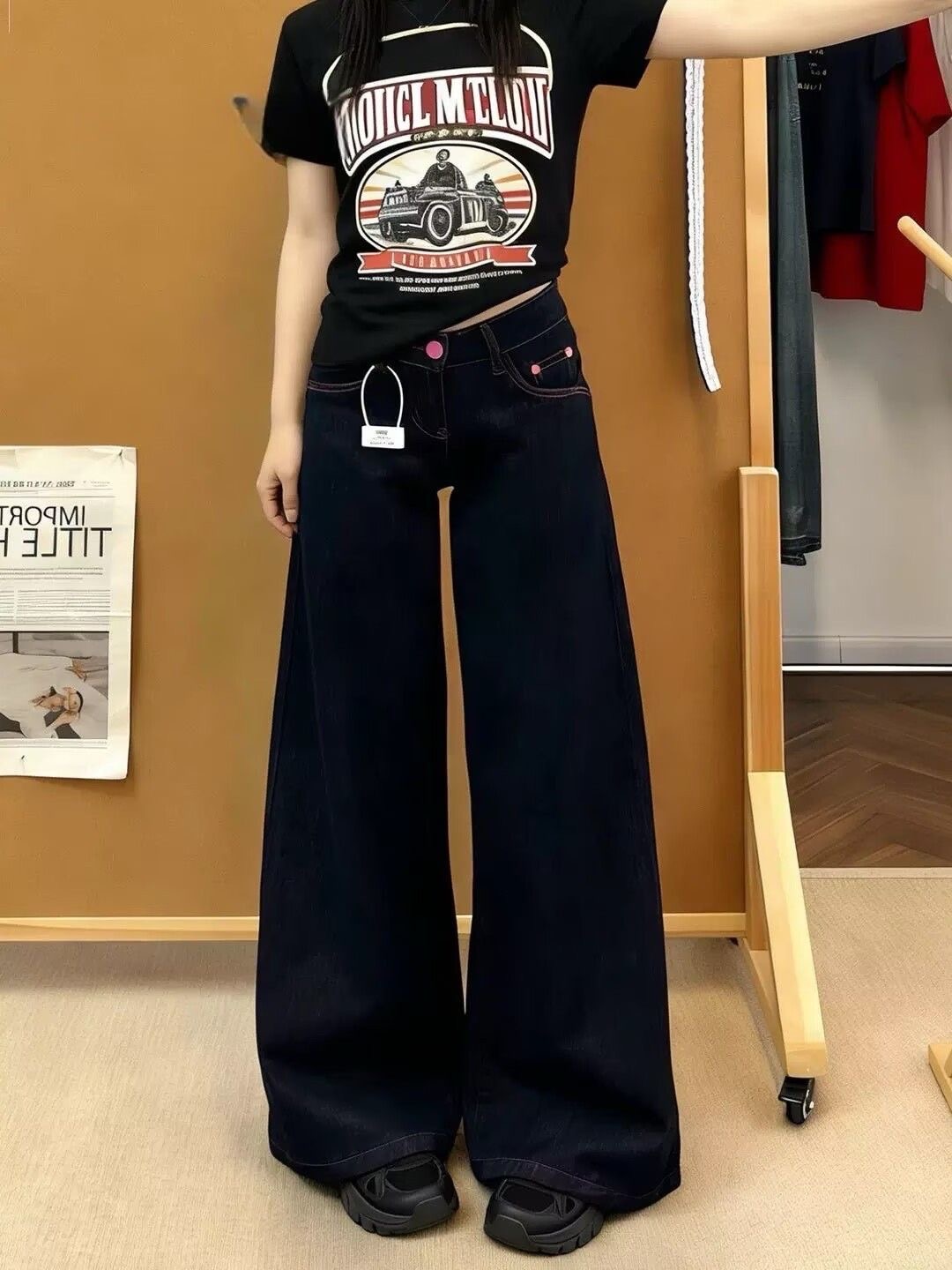 小個子復古闊腿牛仔褲女新款辣妹低腰寬松垂感百搭直筒褲