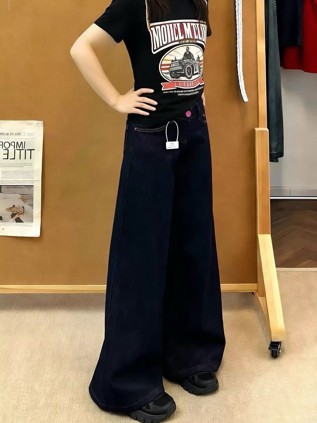 小個子復古闊腿牛仔褲女新款辣妹低腰寬松垂感百搭直筒褲