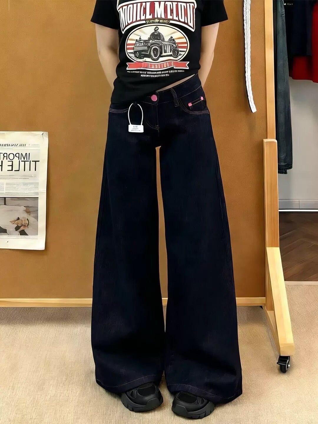 小個子復古闊腿牛仔褲女新款辣妹低腰寬松垂感百搭直筒褲