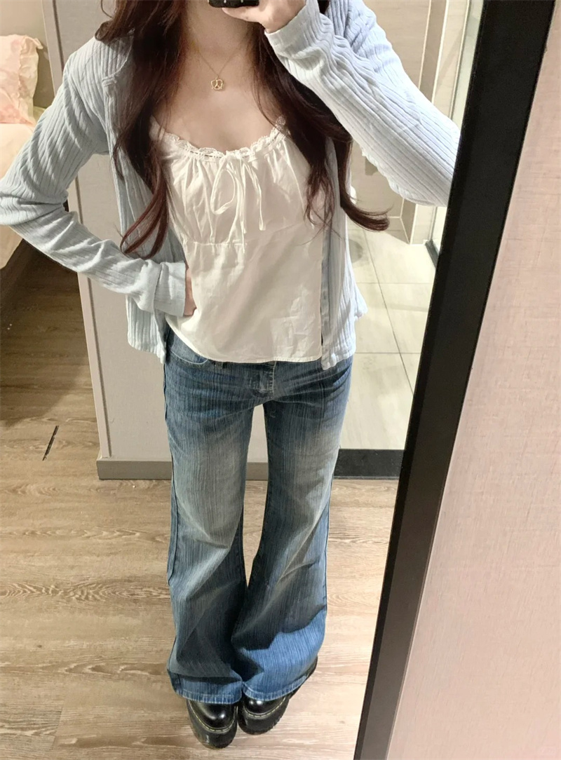 小個子竹節紋復古微喇牛仔褲女夏季新款不貼腿低腰寬松喇叭褲