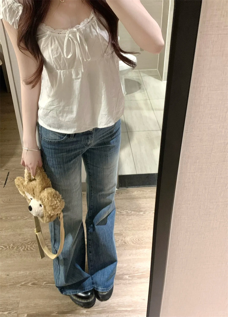 小個子竹節紋復古微喇牛仔褲女夏季新款不貼腿低腰寬松喇叭褲