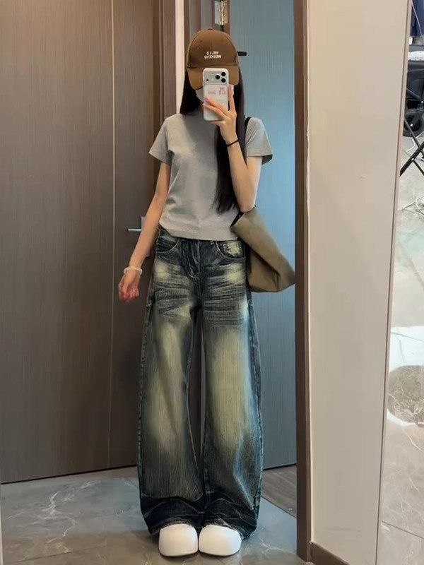 小個子美式水洗竹節紋彎刀牛仔褲女夏季設計感寬松顯瘦闊腿褲