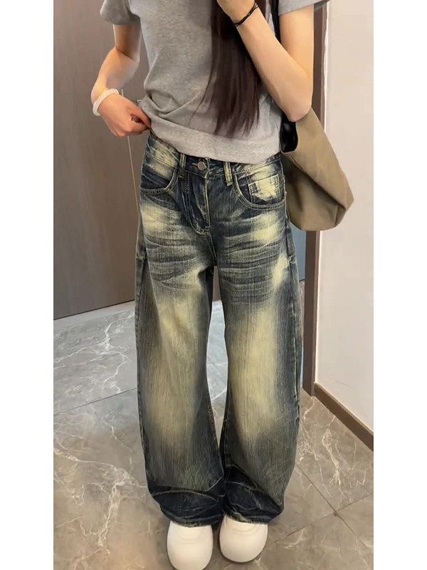 小個子美式水洗竹節紋彎刀牛仔褲女夏季設計感寬松顯瘦闊腿褲